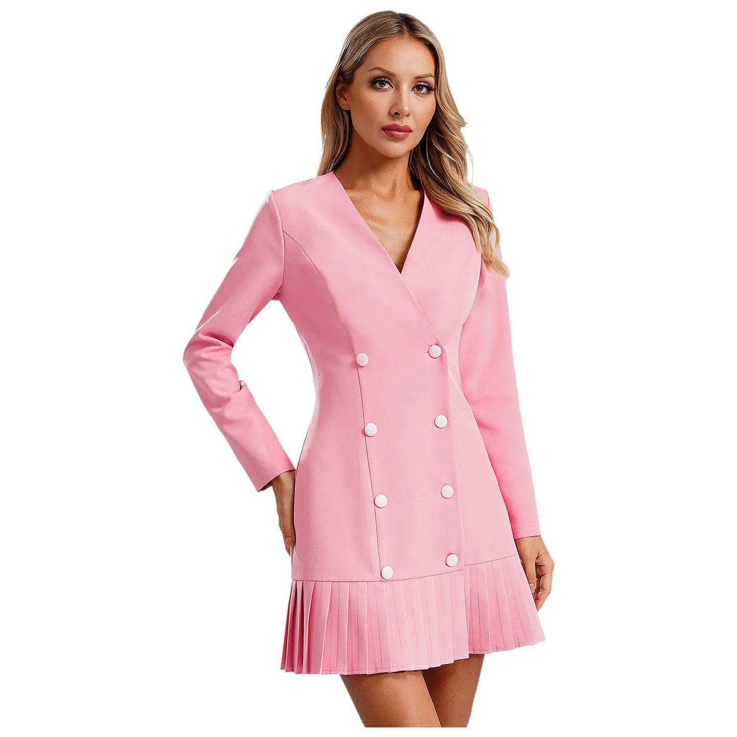 Maxy Fashion Women Blazer Dress Long Sleeve V-neck Pleated Hem Double-breasted Dress for Work Commuting Party Daily OL Formal Clothes
