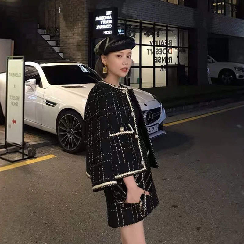 Amay Women Fried Street Tweed Suit New Spring Autumn Wool Jacket + Skirt Female Fashion Loose Tweed Skirts Two-Piece Set