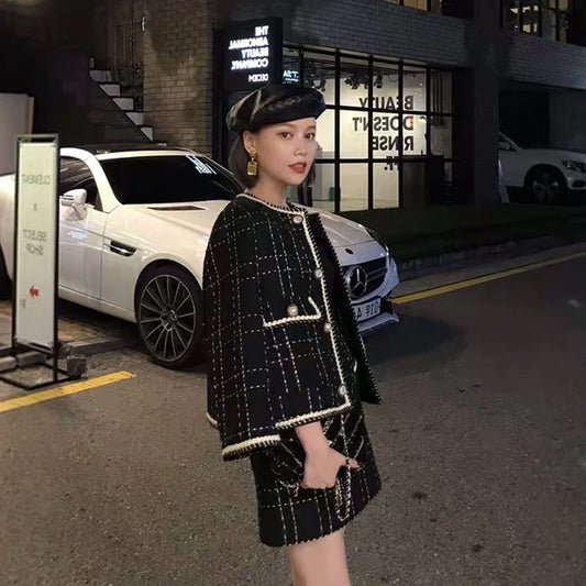 Amay Women Fried Street Tweed Suit New Spring Autumn Wool Jacket + Skirt Female Fashion Loose Tweed Skirts Two-Piece Set