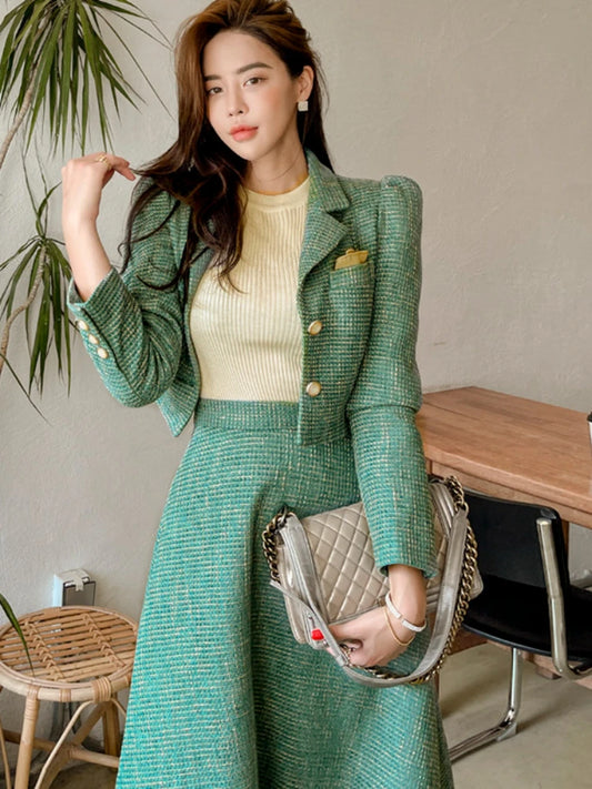 Maxy Women Two piece Set Korean Chic French Temperament V-neck Pearl Button Puff Sleeve Short Jacket + High Waist Swing Skirt Suits