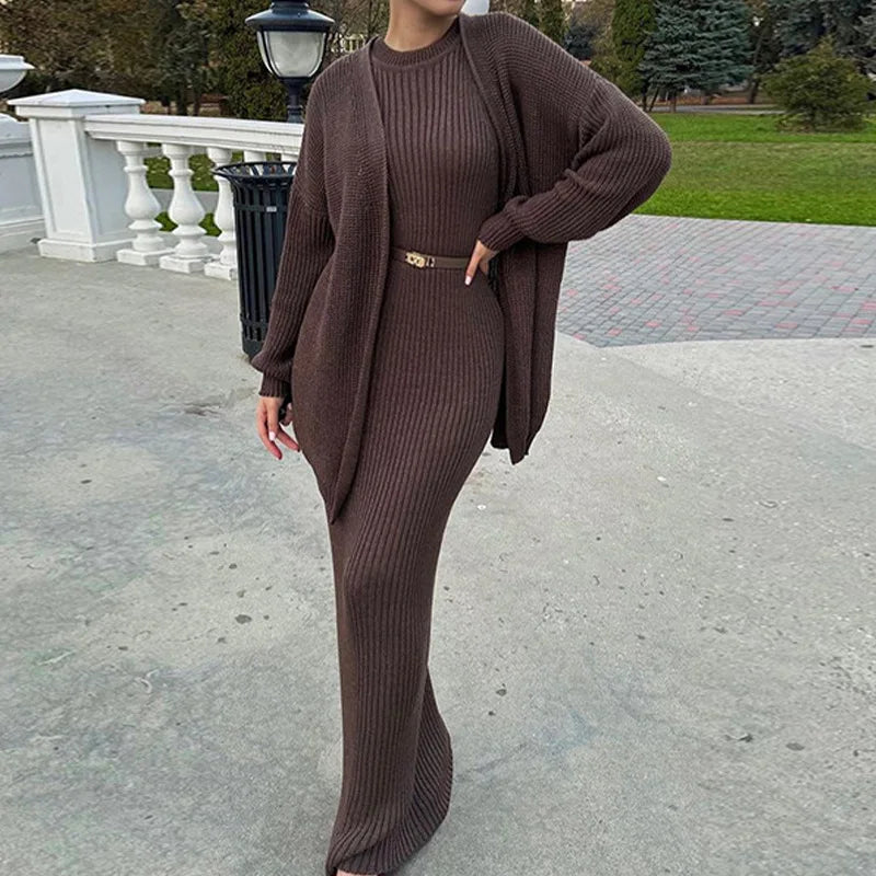 Maxy Knitted 2 Piece Sets Women Fashion Cardigan Long Dress Matching Set Casual Autumn Winter Clothing Womens Outfits Tracksuit