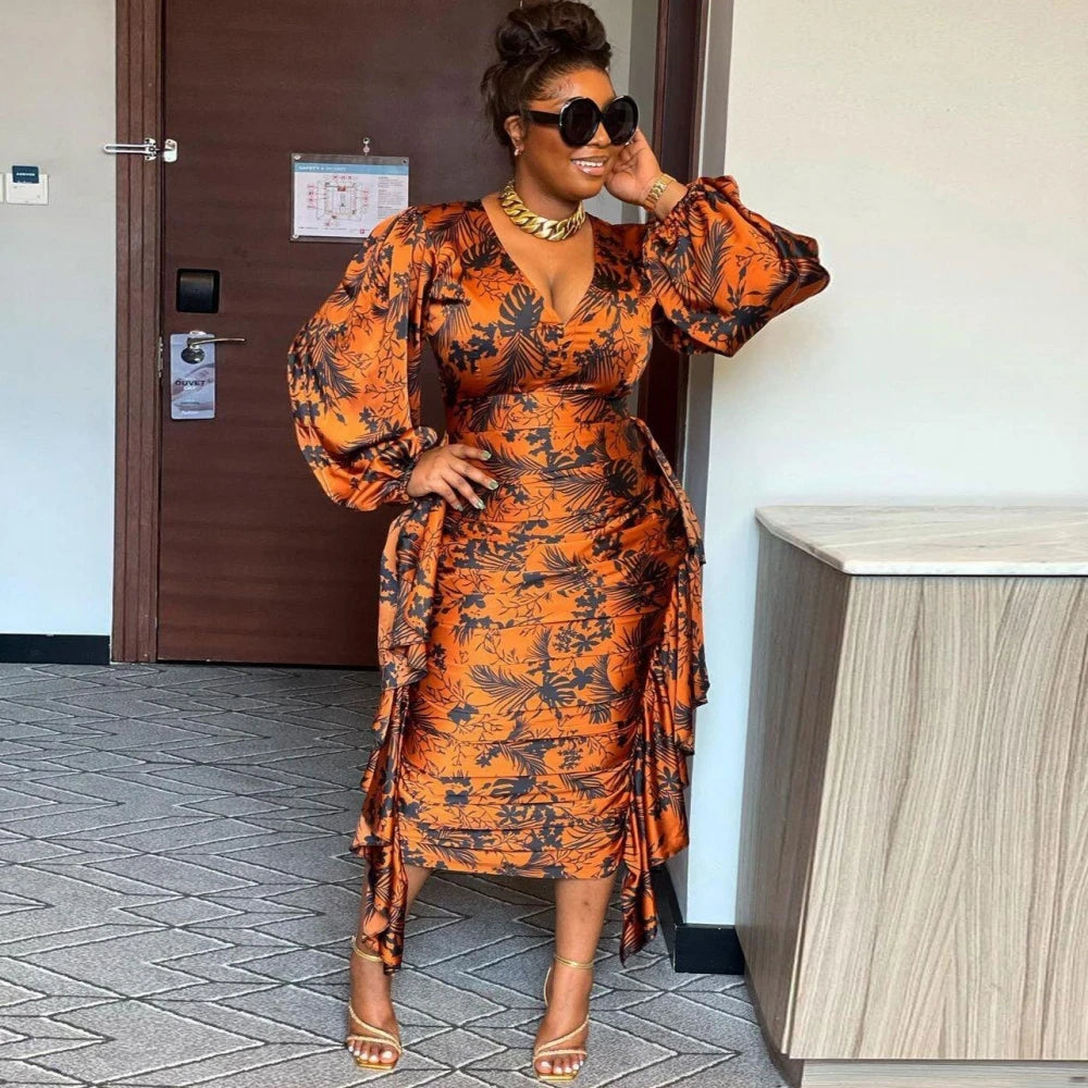 Maxy Dresses for Women Summer Autumn Africa Clothing Long Sleeve Ruched Dress Sexy V-Neck Slim Dress Office Lady Party