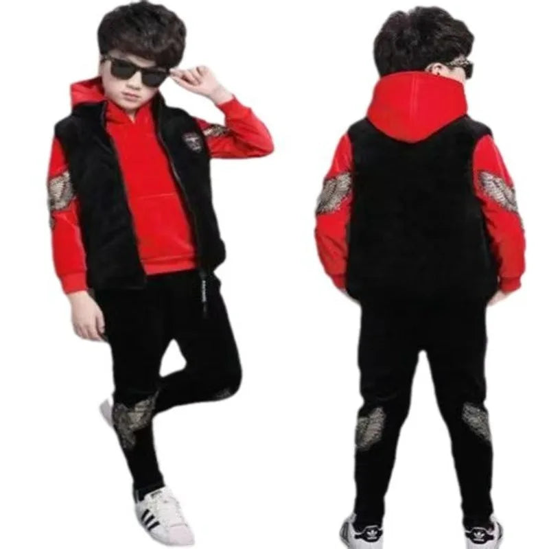 Maxy 2024 Winter Boys tracksuit Autumn Toddler Teenager Clothes Warm velvet jacket + Sweater + Pant Children Kids 8 9 10 11 12 year