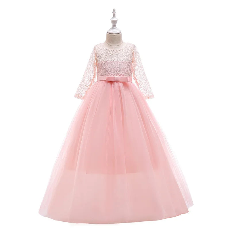 Maxy Girls Lace Embroidered Bow Princess Dress Long Sleeve Tulle Gown For Toddler First Communion Bridesmaid Wedding Birthday Party