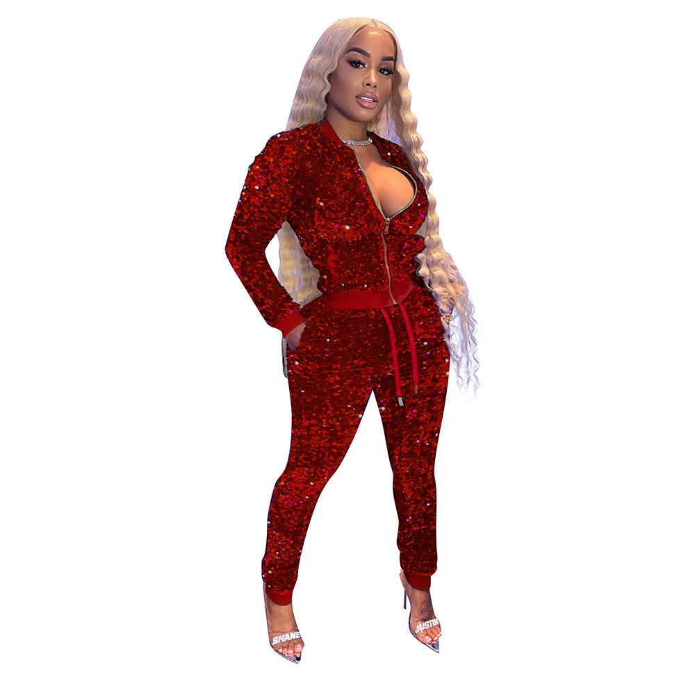 Sequin Women 2 Piece Set Solid Velvet Zipper Fly Crop Jacket High Waist Skinny Jogging Pants Matching Set 2022 Autumn Tracksuits