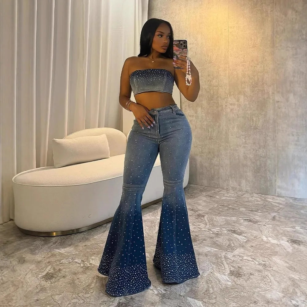 Maxy Denim Pant Set Women Two Piece Sets Sexy Matching Sets Sleeveless Short Tops Long Flare Pants High Waist Slim Hot Diamond