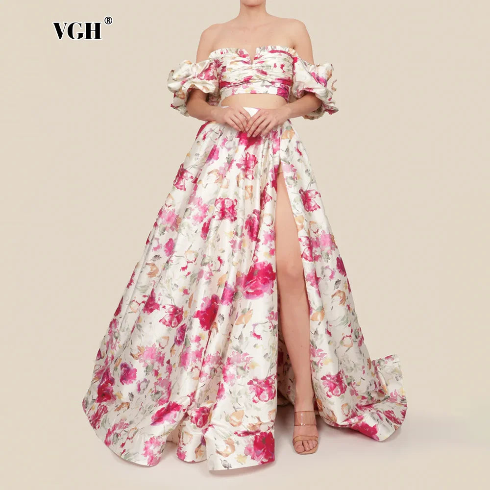Maxy Elegant Print Two Piece Set for Women Square Collar Puff Sleeve Short Tops High Waist Long Skirts Evening Sets Female New