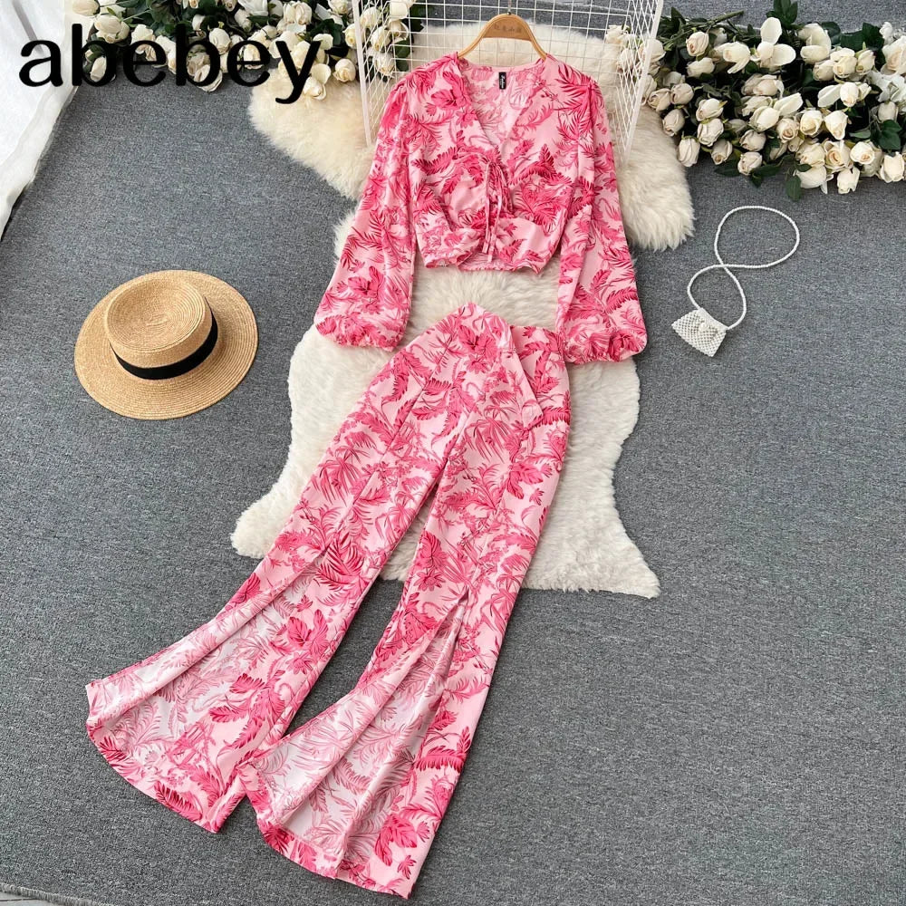 Maxy Summer Women Floral Printed Two Piece Set Sexy V Neck Lantern Sleeve Short Tops + Wide Leg Pants Suit Vacation Beach New