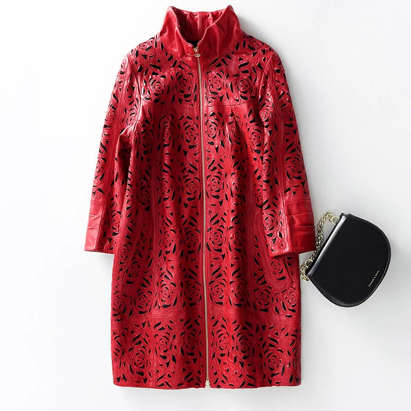 Amay Embroidery Hollow Out Sheepskin Windbreakers Female OL Style 100% Real Leather Medium Long Jacket Streetwear Stand Collar Coat