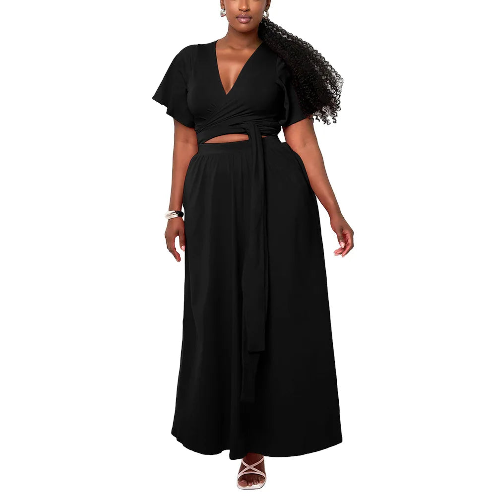 Maxy Two Piece Set Plus Size Clothes Spring Summer V-Neck Short Sleeve Top Maxy Skirt Women Sets Streetwear Casual Office Lady Suit