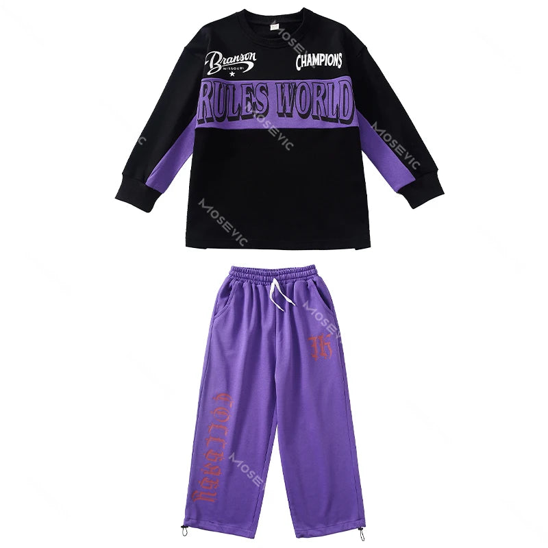 Maxy Kids Hip Hop Clothing Oversized Sweatshirt Top Purple Casual Wide Sweat Pants for Girl Boy Jazz Streetwear Dance Costume Clothes