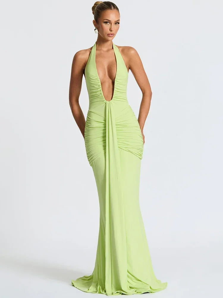 Maxy Deep V Neck Backless Sexy Maxy Dress Women Gown Summer Halter Sleeveless Draped Club Party Long Dress