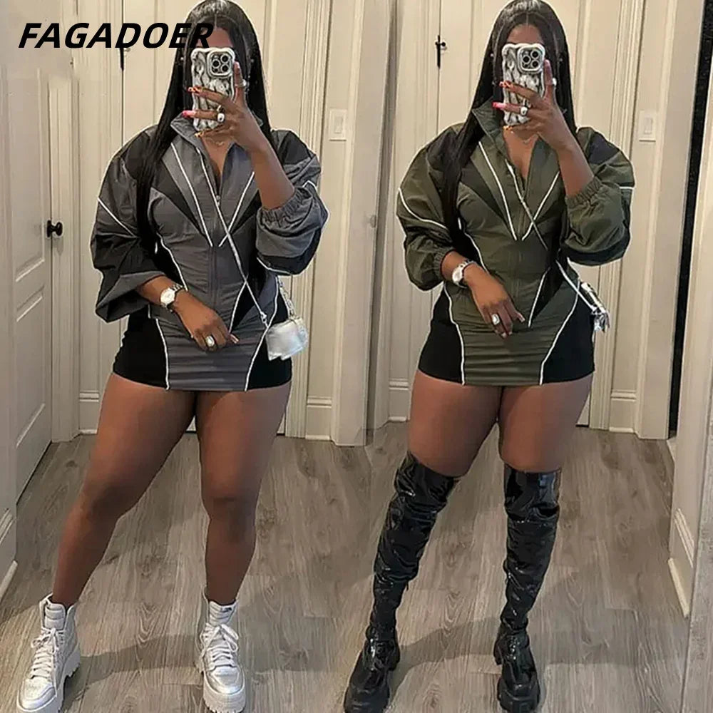 Maxy FAGADOER Color Block Two Piece Set For Women Casual Zip Lantern Sleeve Irregular Crop Jacket + High Waist Skirts Suit Streetwear