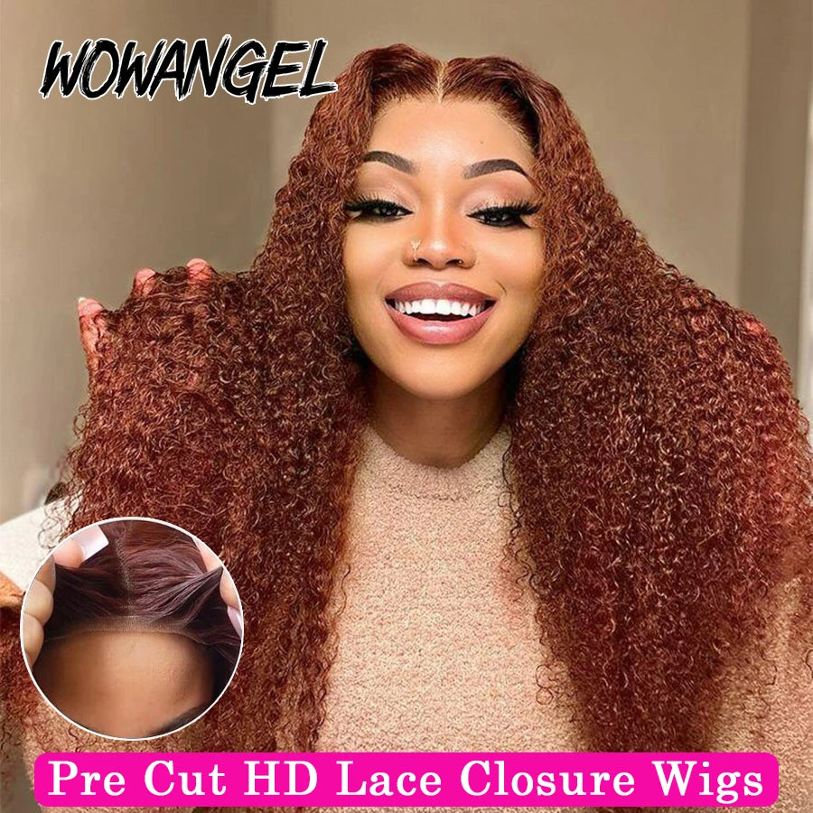 Maxy WOW ANGEL Reddish Brown Pre Cut Glueless Wig Human Hair Ready To Wear 5x5 HD Lace Closure Water Wave Curly Wigs Wear To Go