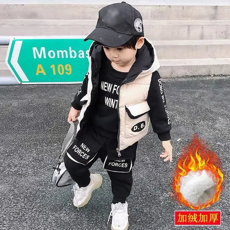 Toddler Boys Clothing Suit 2024 Autumn Winter Baby Kids Fashion Thicken Hoodies Vest Pants 3Pcs/Sets Children Costume Tracksuits