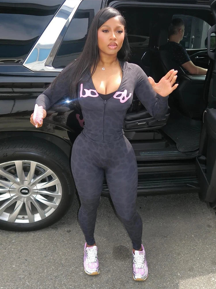 Maxy Weird Puss Leopard Print 2 Piece Set Women Tracksuit Letter Zip Hooded Crop Jacke+Leggings Matching Casual Sporty Street Outfits