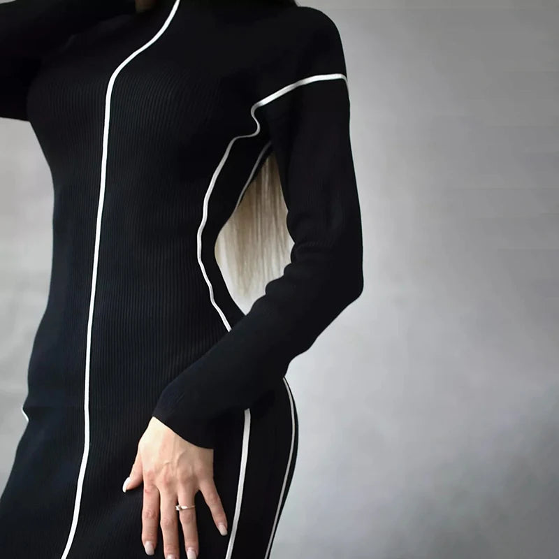 Maxy French Elegant Contract Color Knitted Dress Women Fashion Half Collar Slim Party Dress Temperament Long Sleeve Office Midi Dress