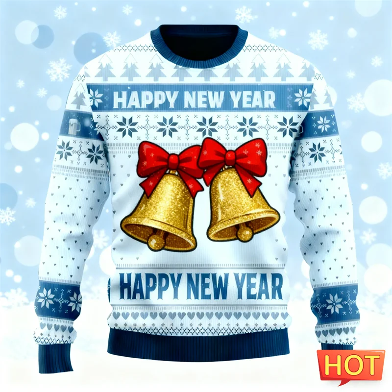 Maxy New Happy New Year Letters Sweatshirts Simple Fashion Holiday Wear 3D Printed Ugly Christmas Sweater Casual Oversized Tops