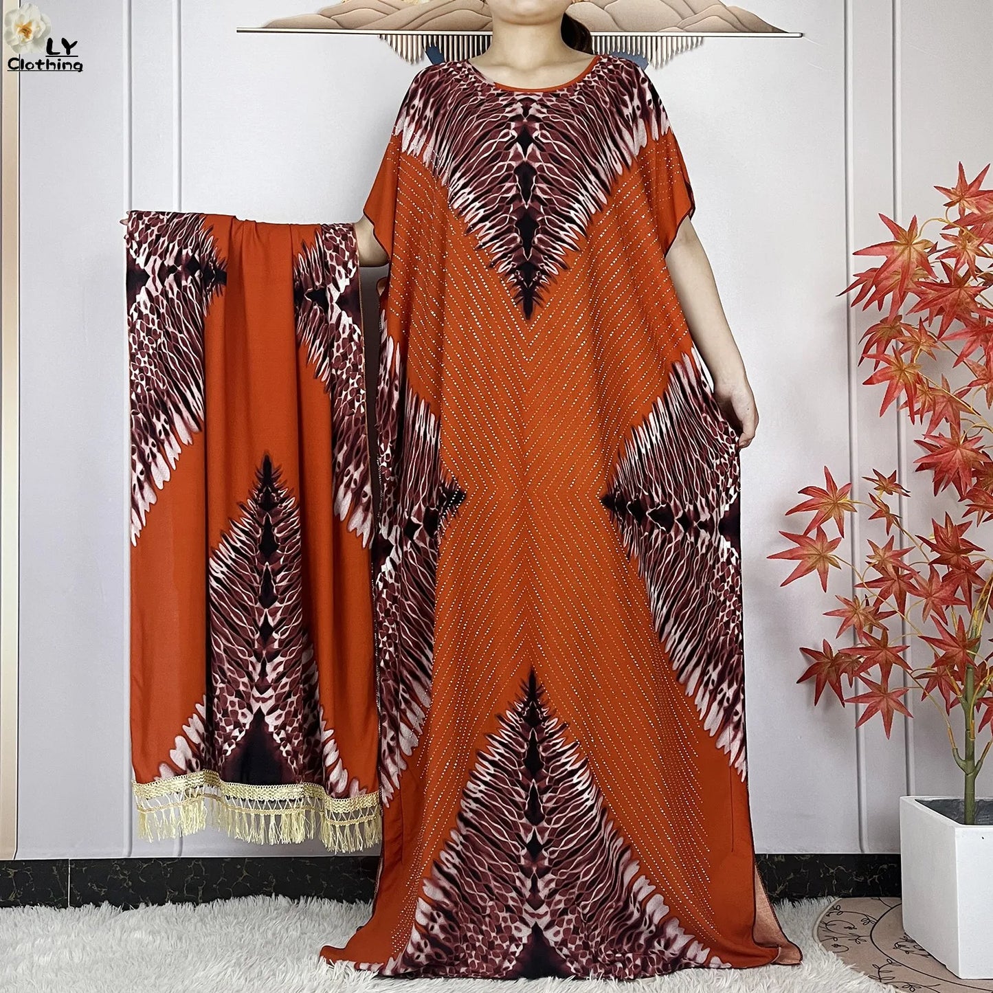 Maxy New Muslim Women Dashiki Printed Dress Flower Diamonds Loose Dress With Big Scarf Islamic African Women Short Sleeve Abaya