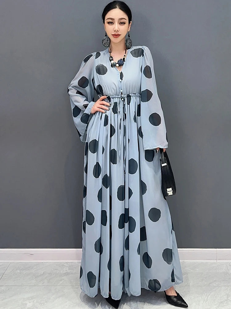 Babs Spring Summer New Chiffon Printed Polka Dot Jumpsuit V-neck Long Sleeved Wide Leg Skirt Pants Women's Elegance