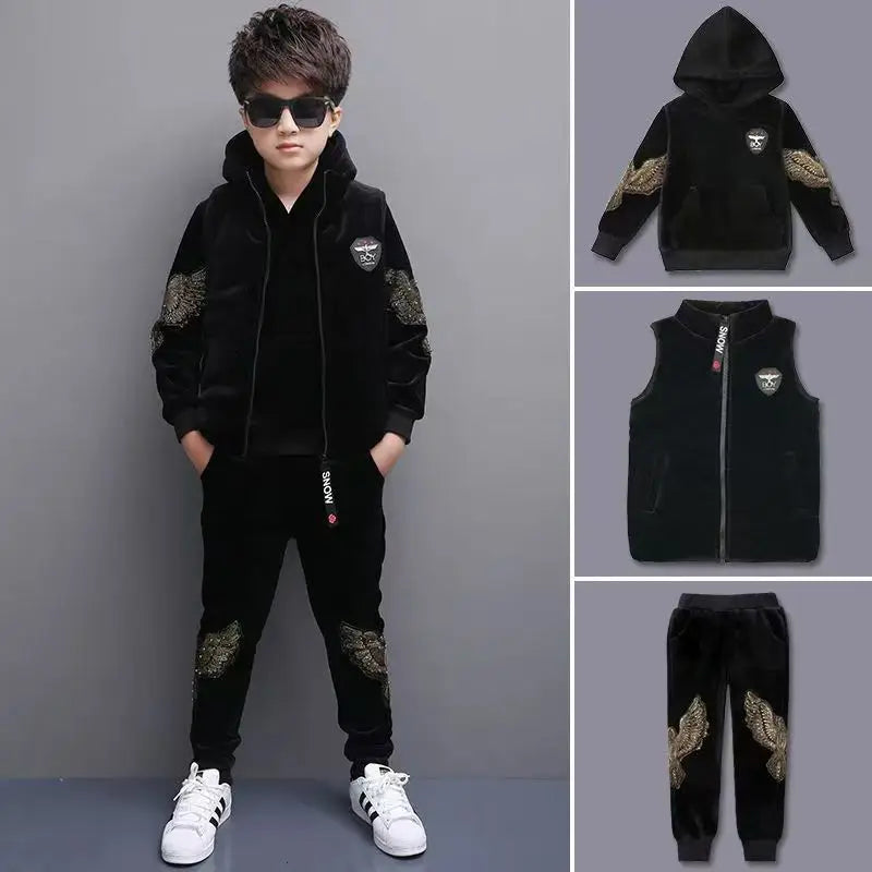 Maxy 2024 Winter Boys tracksuit Autumn Toddler Teenager Clothes Warm velvet jacket + Sweater + Pant Children Kids 8 9 10 11 12 year