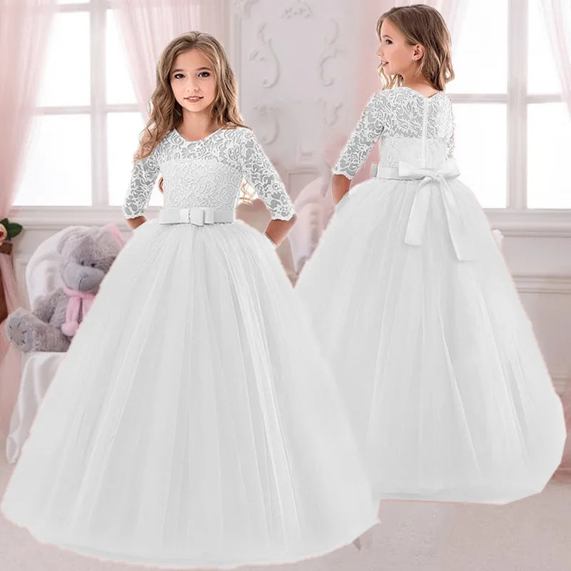 Maxy Girls Lace Embroidered Bow Princess Dress Long Sleeve Tulle Gown For Toddler First Communion Bridesmaid Wedding Birthday Party