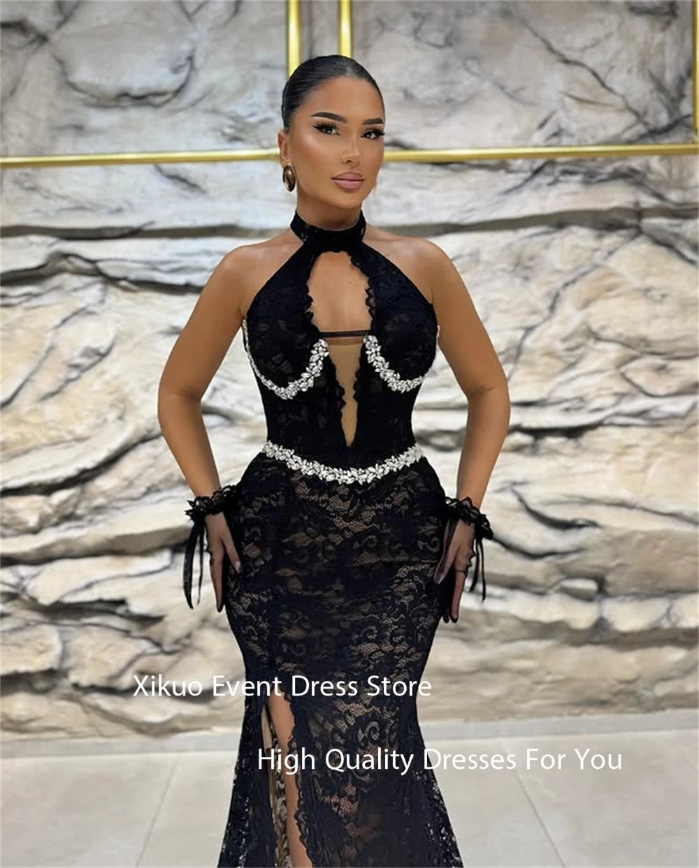 Maxy Graceful Black Lace Evening Dresses Mermaid Crystal Pleated Party Gowns Appliques High Side Slit Robe De Soirée Customized