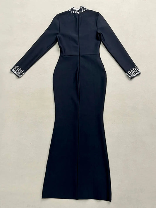 Amay Autumn Women Light Luxury Nail Bead Rhinestone Bandage Dress With Stand Up Collar Long Sleeved Hollow Bodycon Long Dress
