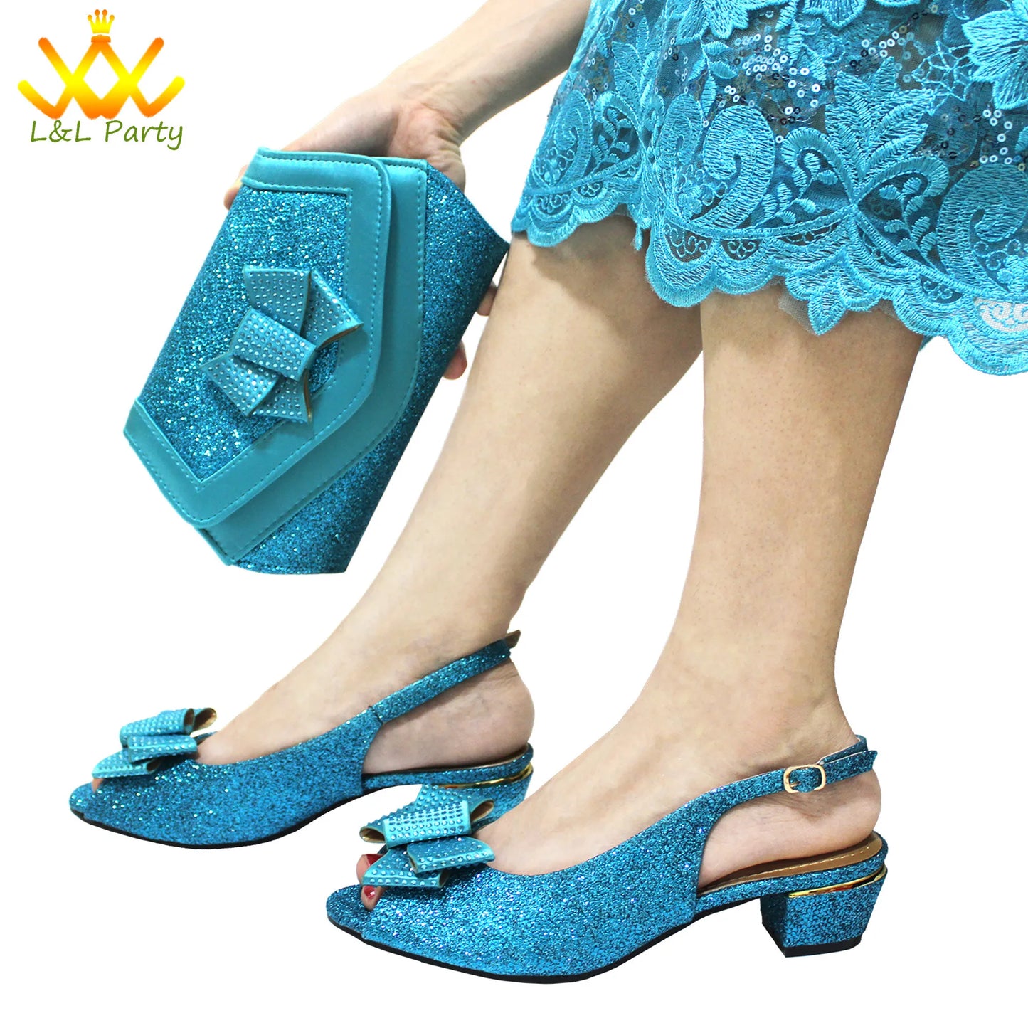 Maxy New Design Specials Italian Women Shoes Matching Bag Set in Sky Blue Color Comfortable Heels with Appliques for Wedding