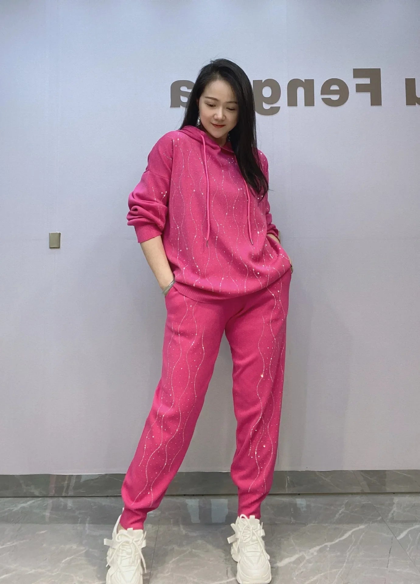 Maxy Fashion Striped Diamonds Sweater Set with Long Pants Women Autumn Tracksuit Loose Casual Hooded Two Piece Sets Womens Outifits