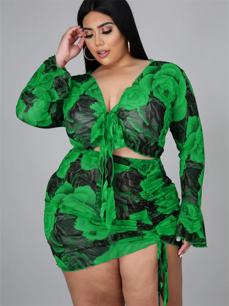 Wmstar Plus Size Women's Clothing 3xl 4xl Mesh Dress Sets Two Piece Set Bandage Short Skirts Printed Wholesale Dropshipping 2024