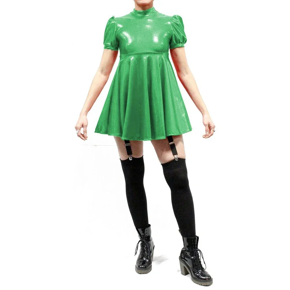 Maxy Plus Size Latex-look Mini Dresses Fashion Mock Neck Pleated A-Line Sissy Dress Rave Party Swing Short Dresses Male PVC Vestidos