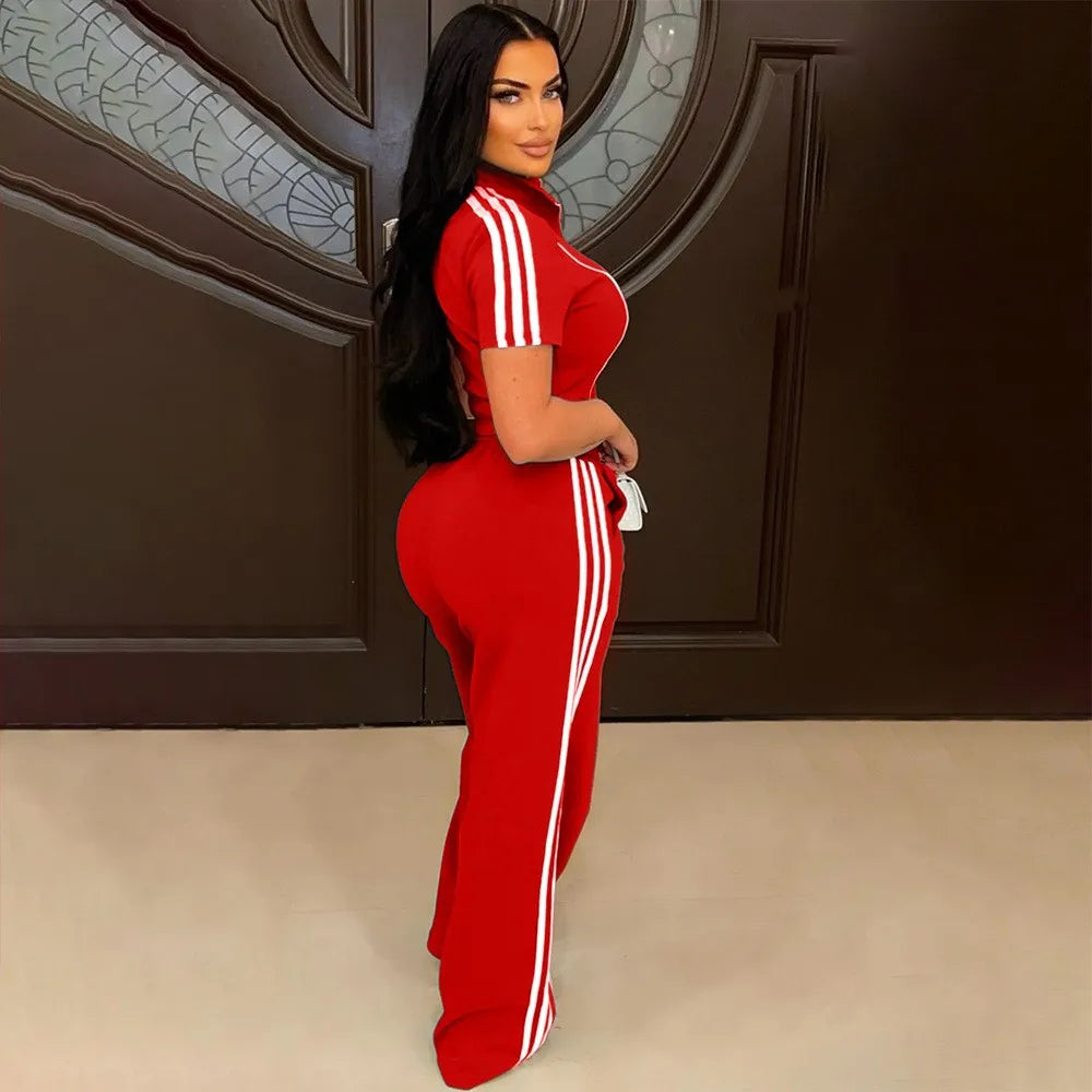 Maxy Fashion Casual Short Hoodie 2 Piece Women Summer Zipper Top Short Sleeved Sports T Shirt Stripe Splicing Long Pants Female Suit