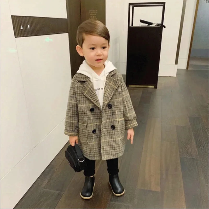 Maxy Boy Girl Woolen Jacket Long Double Breasted Warm Infant Toddler Lapel Tweed Coat Spring Autumn Winter Baby Outwear Clothes