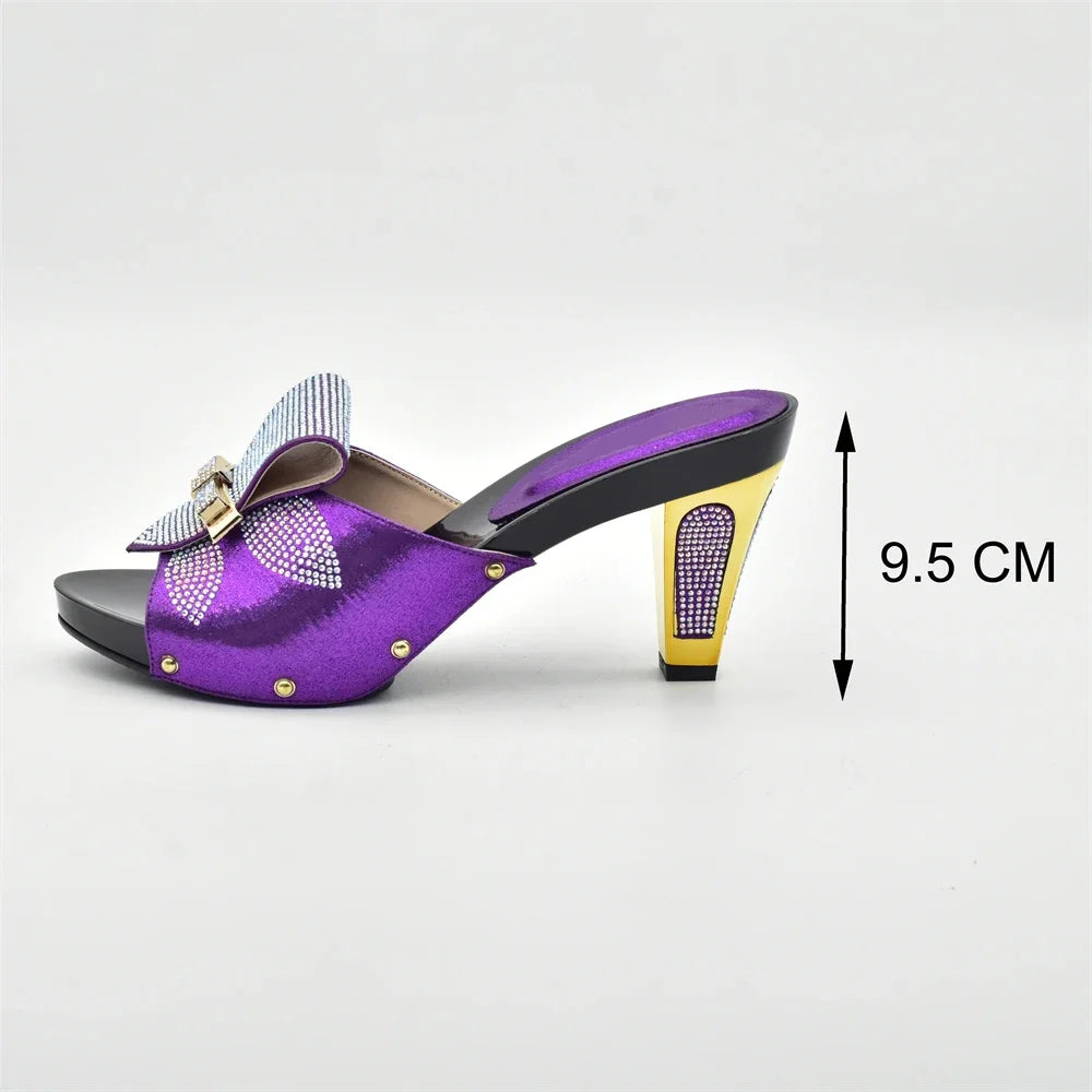 Maxy Leather Shoes and Bag Set Purple Women Shoes and Bag Set in Ladies Shoe and Bag Set with Rhinestone