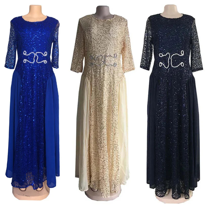 Maxy African Lace Chiffon Dresses For Women Plus Size Ankara Dashiki Maxi Robe Dubai Turkey Sequin Abaya Wedding Party Dress
