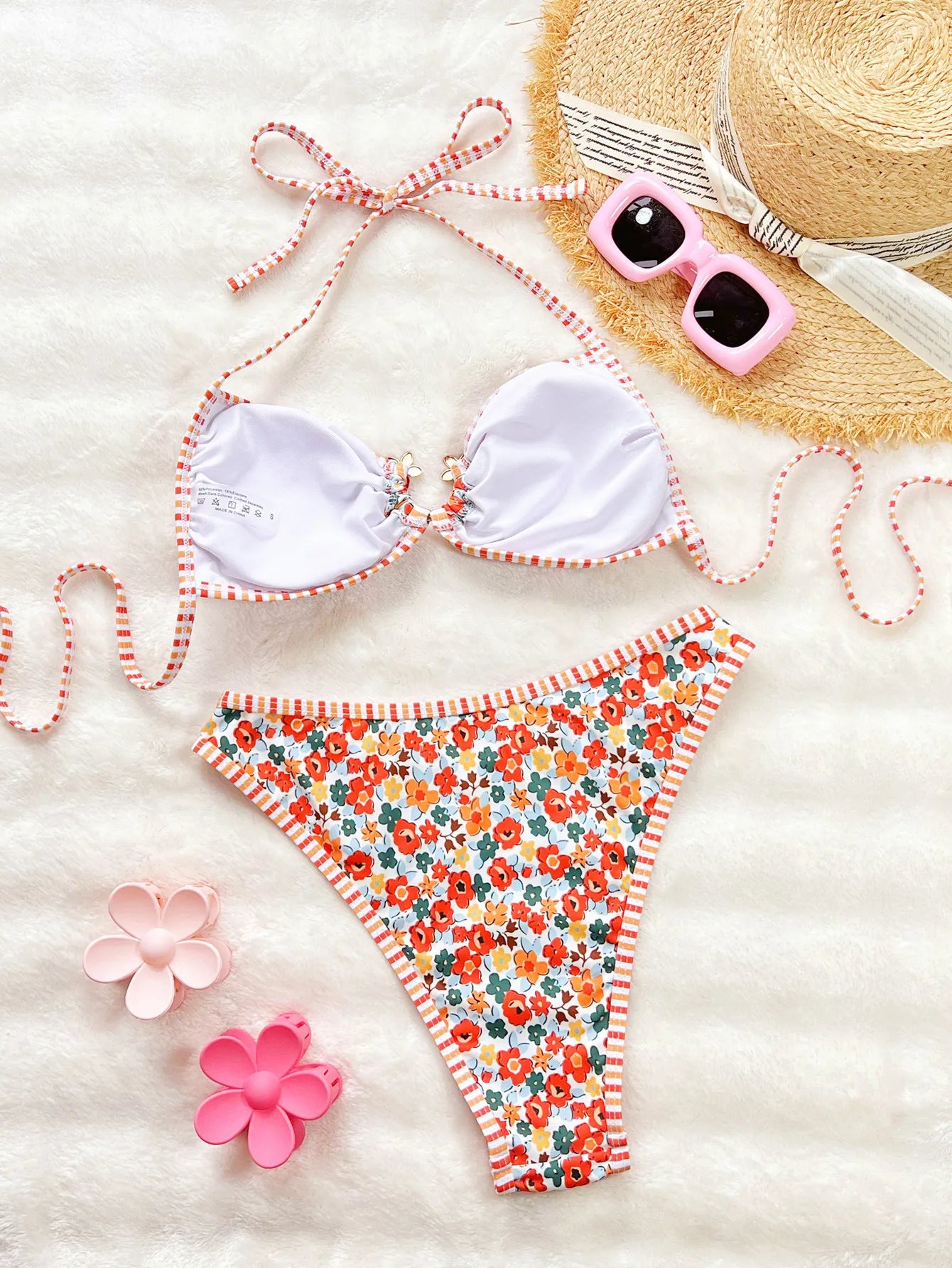 Maxy Sexy Two-piece Bikini Women's Floral Print Halter Swimsuit Hollow Backless Swimwear Summer Tight Push Up Beach Bathing Suit