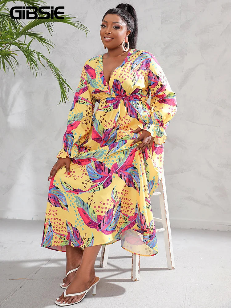 Maxy Plus Size Deep V Neck Boho Print Maxy Dress Women Spring Fall Casual Vacation Beach Elastic Waist Swing Dresses