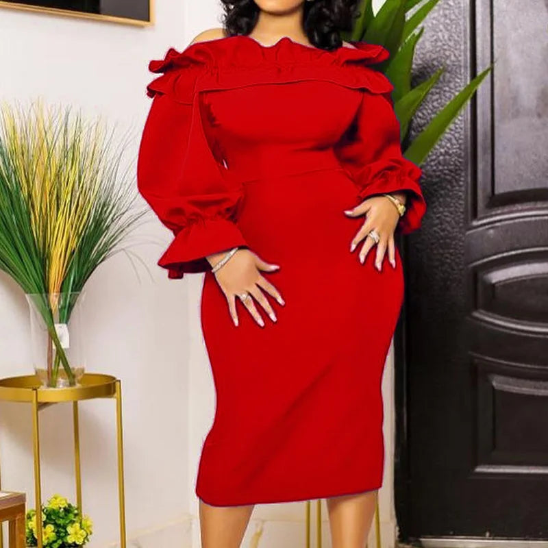 Maxy Autumn Off Shoulder Sexy One Word Collar Plus Size Hip Package Dress Ruffles Patchwork Puff Long Sleeve Solid Vestidos De Fiesta