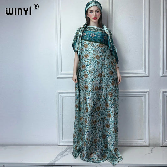 Maxy women Muslim dress African Dubai abaya Crew Neck   print Kaftan Dress, Elegant Maxy Dress,beach outfits women