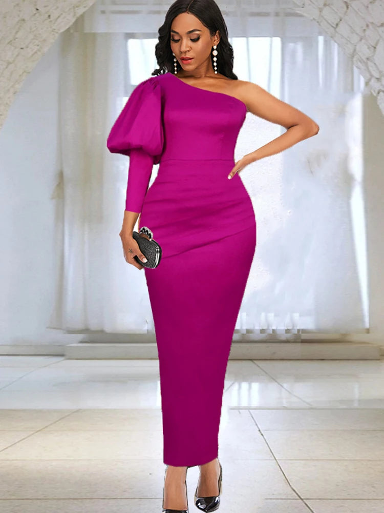 One Shoulder Party Dress for Women Fuchsia Irregular Bodycon Package Hip Evening Birthday Event Midi Gowns Outfits Large Size
