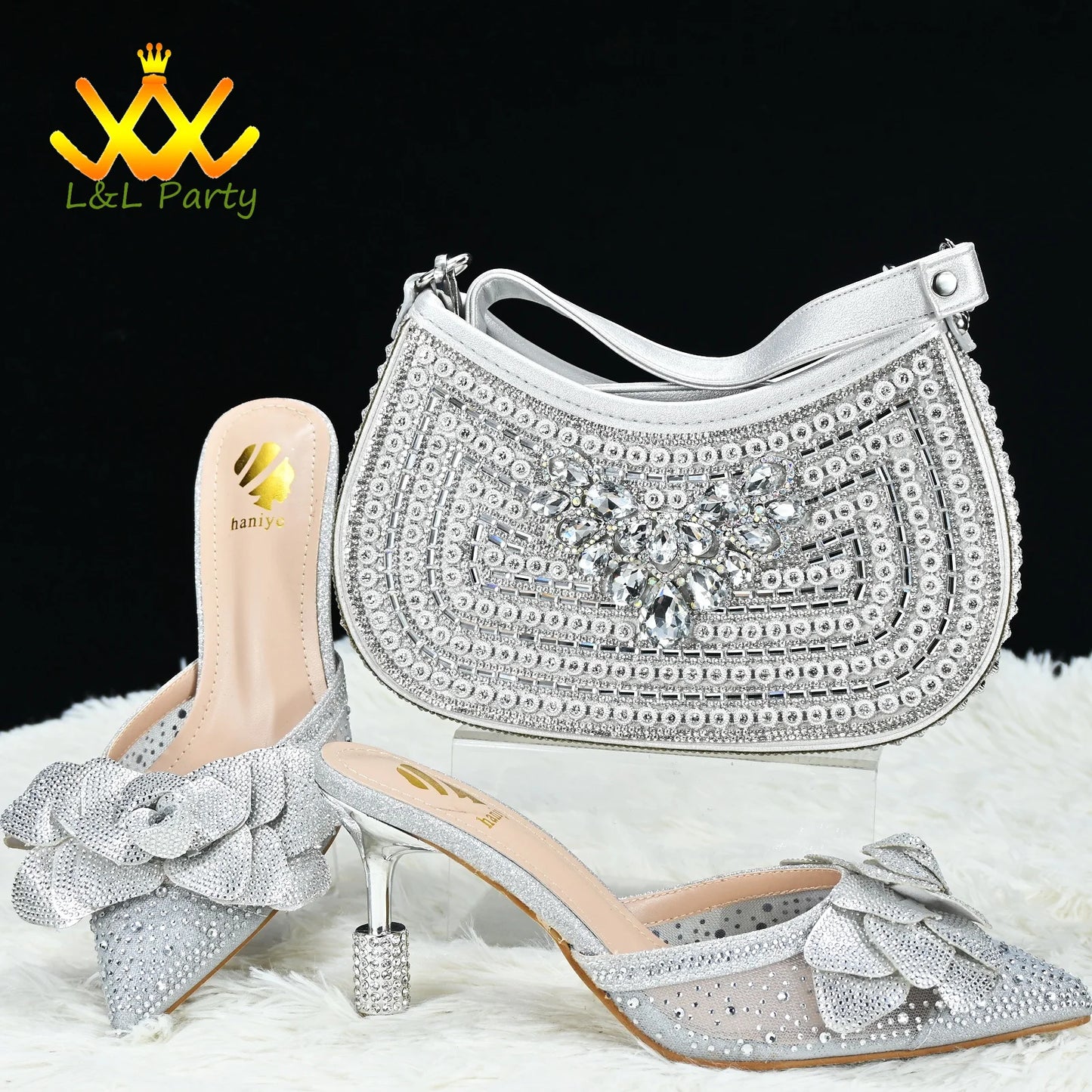 Max Elegant Style Special Design New Arrivals Italian Women Shoes and Bag Set in Silver Color Comfortable Heels for Slipper