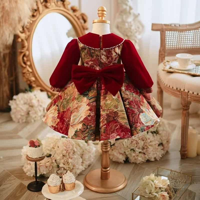 Maxy Luxurious Flower Girls Princess Dress for Elegant Party Kids Long Sleeve Ball Gown Infant Lolita Birthday Costume Red New Year