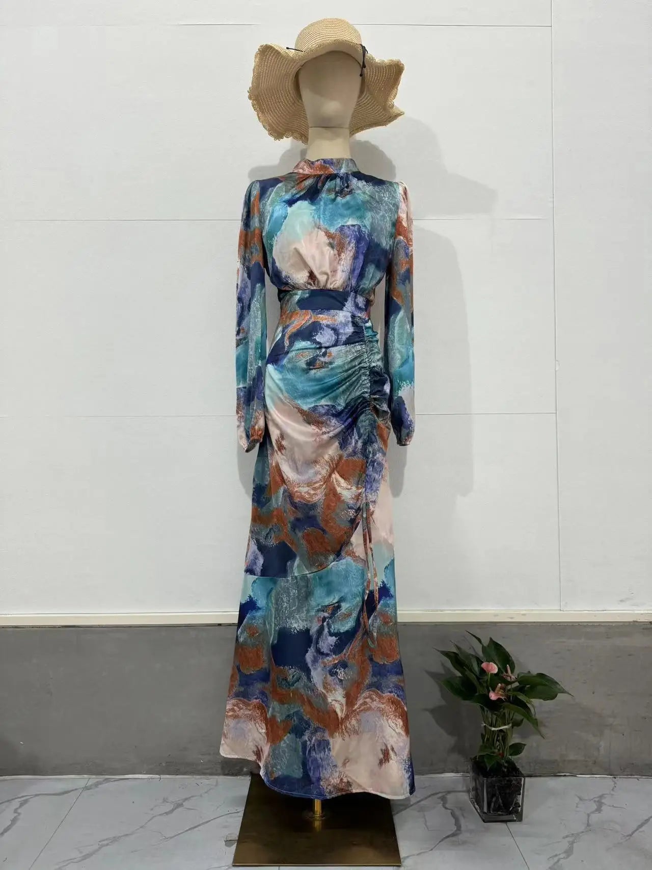 Maxy Women Exotic Floral Printed Muslim Dress Long Skirt with Pleated Waist Spring Fashion Long Sleeve Casual Abayas Dubai Turkey