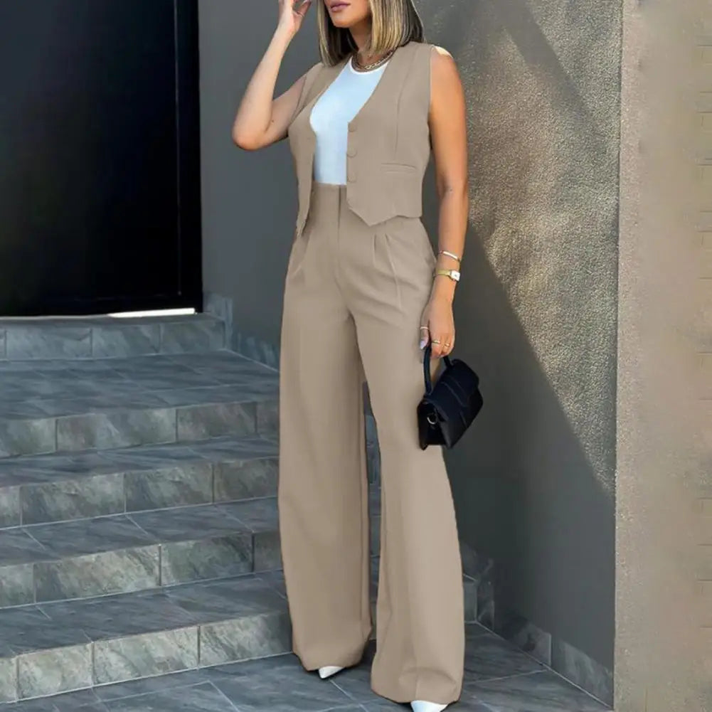 Zay Women Vest Elegant Lady Baggy Pants Set Women's High Waist Wide Leg Pants with Sleeveless Vest Solid Color Casual Streetwear