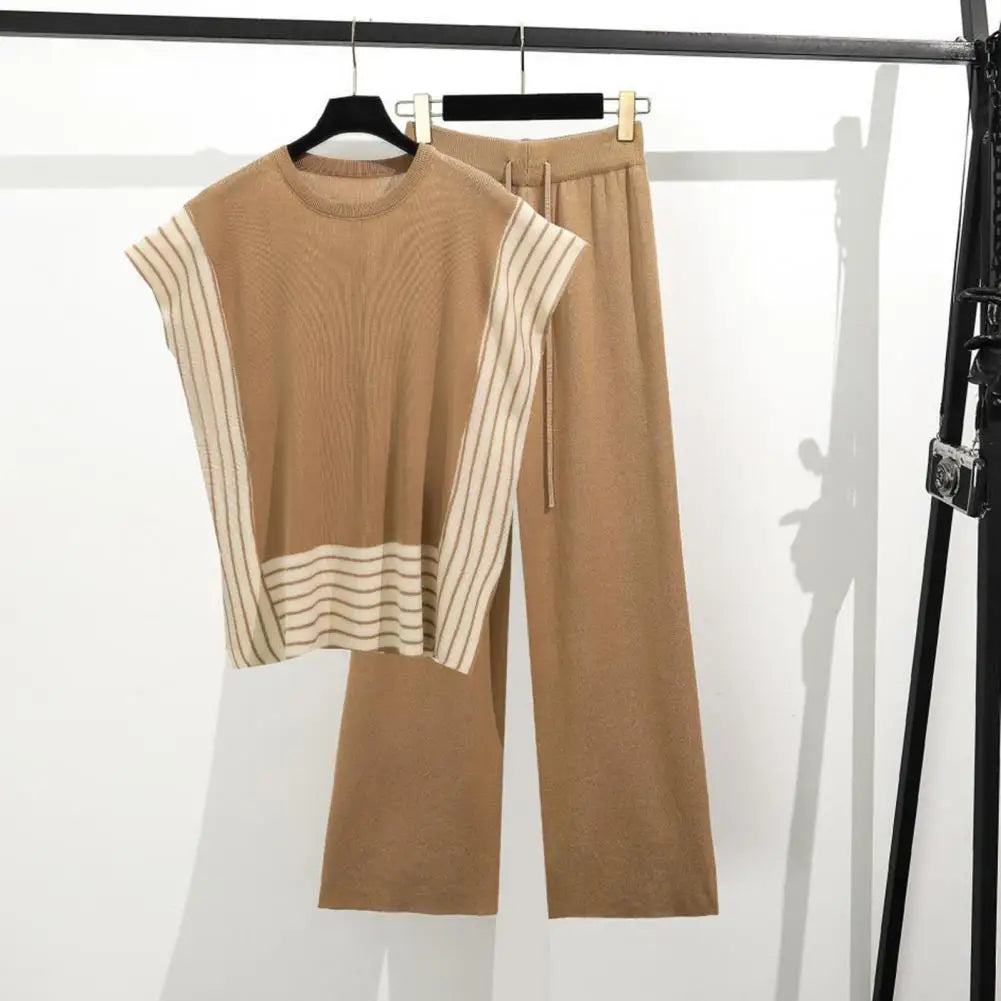 Maxy Women Top Pants Set Striped Knitted Two-piece Set for Women Top High Waist Pants Contrast Colors Homewear Outfit Women Two-piece
