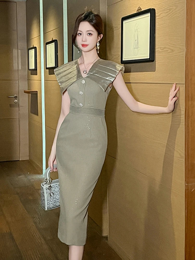 Maxy Elegant Professional Midi Dress Women's Celebrity Business Single Breasted Shiny Rhinestone Robe Office Lady Work Style