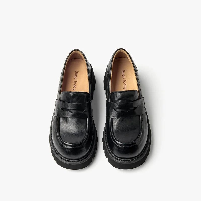 Maxy BEAUTODAY Platform Loafers Women Embossing Cow Leather Dress Shoes  Ladies Slip-on Flats Spring Autumn Handmade 26635