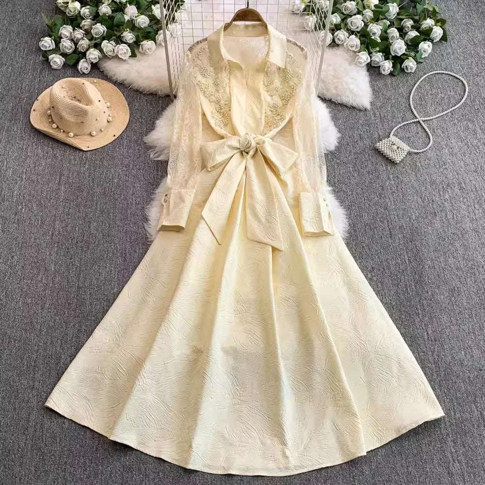 Maxy French Elegant Beading Mesh Lace Flower Embroidery Dress Women's Ruffles Pearls Single Breasted Belt Evening Party Vestidos