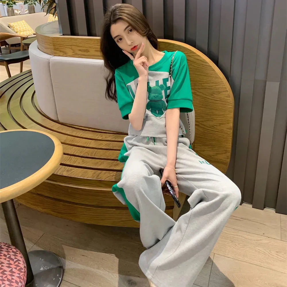 Amay Women's Sweat Suit Spring Summer New Fashion Korean Short Sleeved T-shirt Tops Pants 2 Two Piece Set Female Casual Clothes